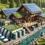 An off-grid survival home with solar panels on the roof, water storage tanks, and a natural water filtration system in a lush forest environment