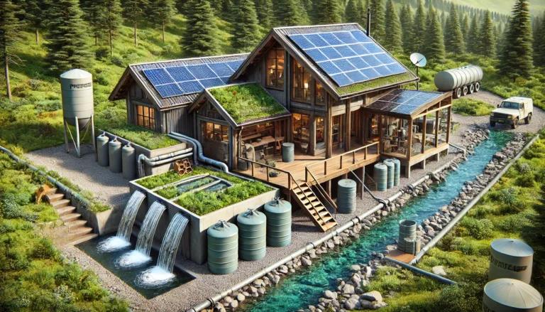 An off-grid survival home with solar panels on the roof, water storage tanks, and a natural water filtration system in a lush forest environment