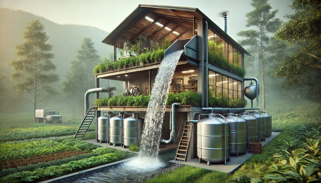 An off-grid house energy indepedent with water storage and sources