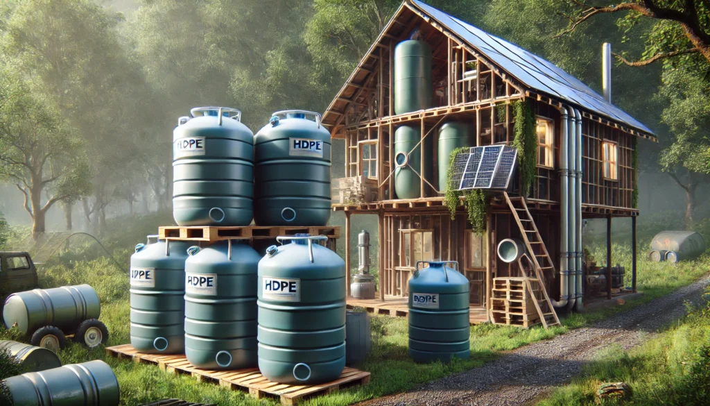 A rural house in an off-grid contex with Plastic tanks